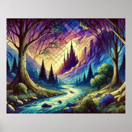 Fantasiestad met betoverd bos en rivier poster (Voorkant)