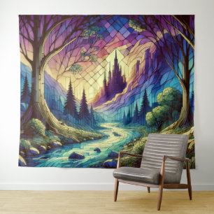 Fantasiestad met betoverd bos en rivier wandkleed