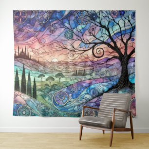 Fantasiestafereel met boom en kleurrijke zonsonder wandkleed