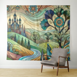 Fantasiestijl Kasteel met Kleurrijke Heuvels en Ri Wandkleed