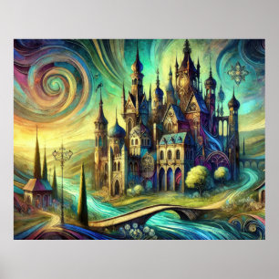 Fantasiestil kasteel met wervelende lucht en strom poster