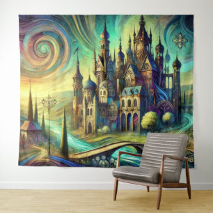 Fantasiestil kasteel met wervelende lucht en strom wandkleed
