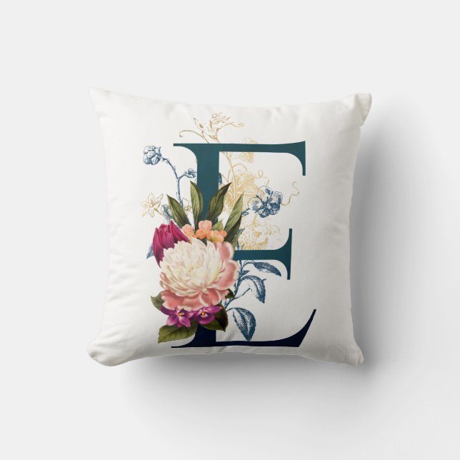 Fantasievol Bloemmotief Monogram Letter E Kussen (Voorkant)