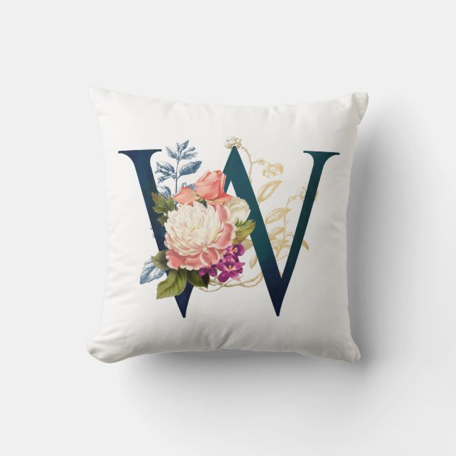 Fantasievol Bloemmotief Monogram Letter W Kussen (Voorkant)
