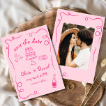 Fantasievol Getekende Trouwfoto Helder Roze Save The Date<br><div class="desc">Geef de toon aan voor je trouwen met deze speelse handgetekende kaart om je trouwdatum te bewaren! Met delicate, artistieke details en een gepersonaliseerde foto combineert dit ontwerp prachtig creativiteit en charme. Het zachte, elegante lettertype versterkt het romantische thema, terwijl de aanpasbare details ervoor zorgen dat het perfect aansluit bij...</div>