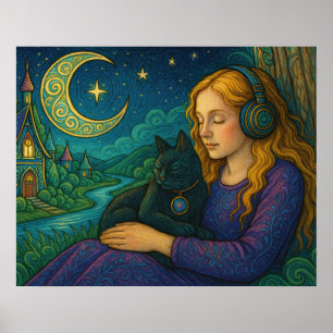 Fantasievol meisje met zwarte kat onder halve maan poster