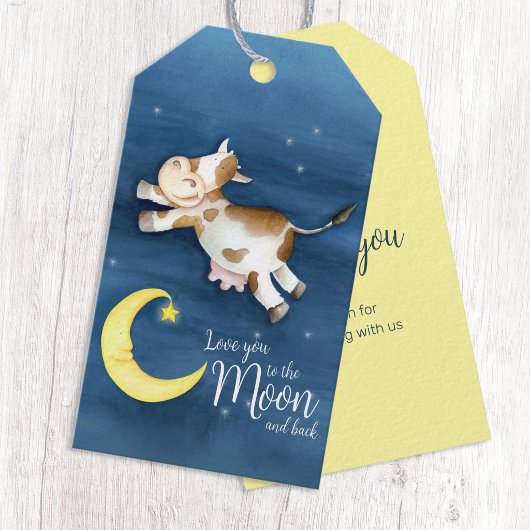 Fantasievolle aquarel kunst koe springt over de ma cadeaulabel