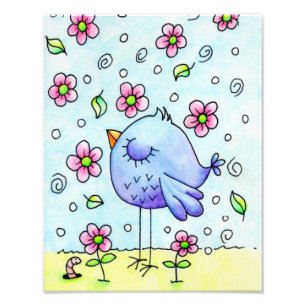 Fantasievolle Blauwe Vogel En Bloemen Foto Afdruk