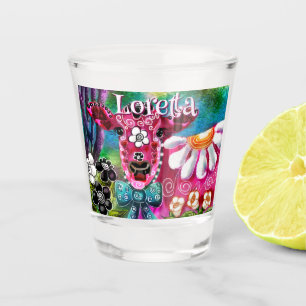 Fantasievolle Bloemkoe Roze Teal Zwart Persoonlijk Shot Glas