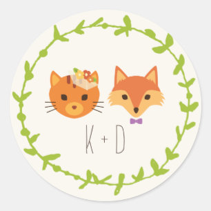 Fantasievolle boskat en vos huwelijksfeest ronde sticker