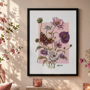Fantasievolle Botanische Vlinder Bloemkunst  Poster