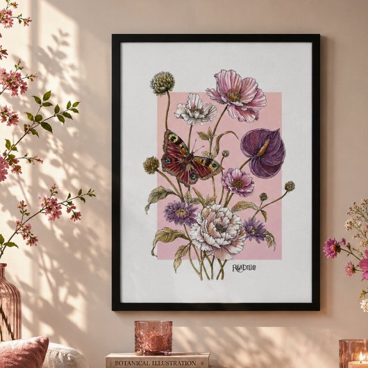 Fantasievolle Botanische Vlinder Bloemkunst  Poster