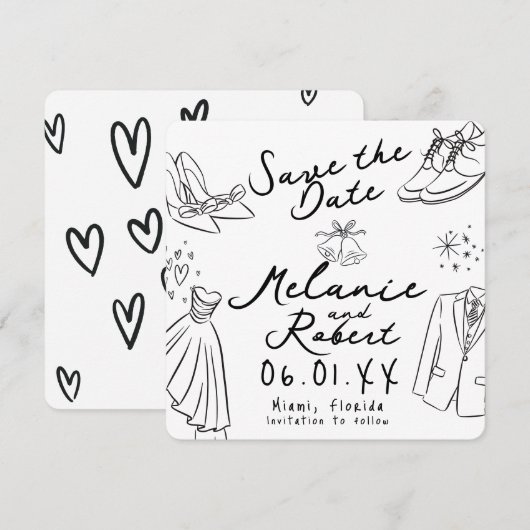 Fantasievolle Doodles Trouw Bruid Save the Date Kaart (Voorkant / Achterkant)