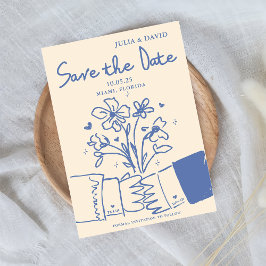 Fantasievolle handgetekende blauwe bloemige trouw save the date