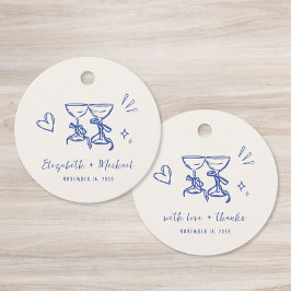 Fantasievolle handgetekende blauwe crèmekleurige t bedankjes labels