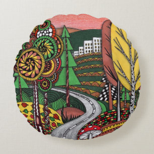 Fantasievolle Herfst Landschap Volkskunst Doodle R Rond Kussen