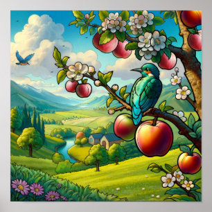 Fantasievolle IJsvogel Vogels op Appelboom Kleurri Poster