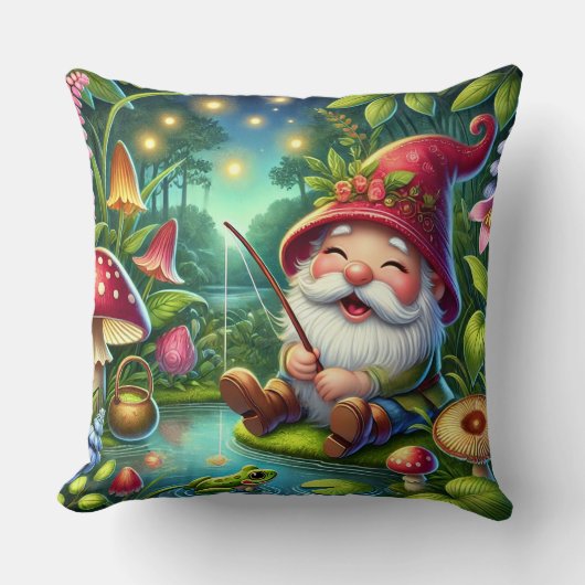 Fantasievolle Kabouter die vist in een Magisch Bos Kussen (Voorkant)
