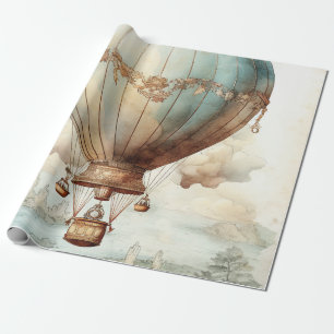Fantasievolle Teal Heet Luchtballon Antiek Cadeaupapier