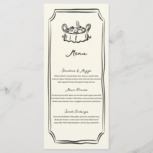 Fantasievolle Trouwdag Eten Diner Handgetekende Me Menu (Voorkant)