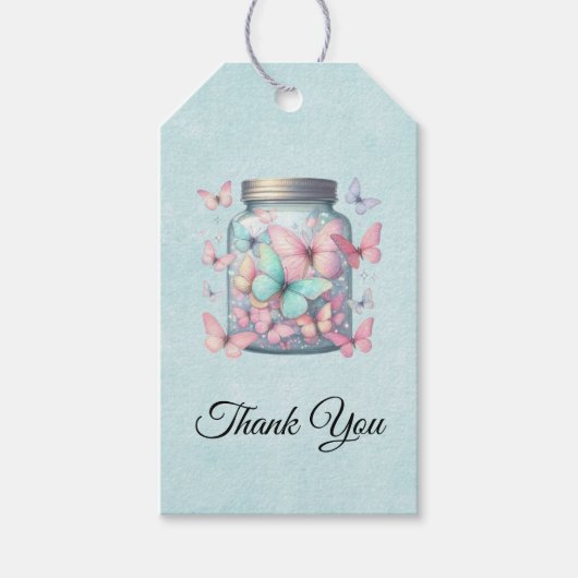 Fantasievolle vlinders in een pot bedankt cadeaulabel (Voorkant)
