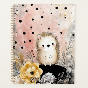Fantasievolle Watercolor Tekening van Egel en Bloe Planner