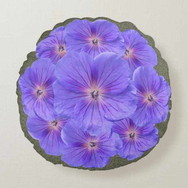 Fantasionblauw-geraniumbloemen Rond Kussen (Voorkant)
