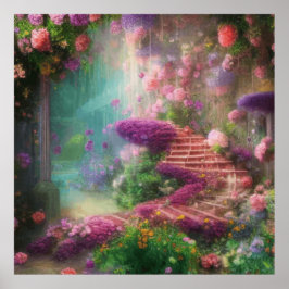 Fantasische magische tuin met bloemen en stangen poster