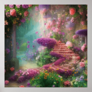 Fantasische magische tuin met bloemen en stangen poster