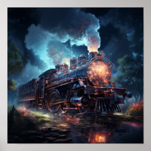 Fantasmal iriserende spook stoomtrein drijvend - poster