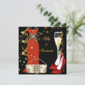 Fantastic Red Dress Black Gold Birthday Party Kaart (Staand voorkant)