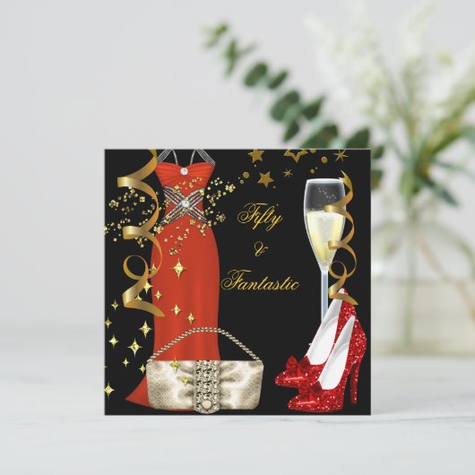 Fantastic Red Dress Black Gold Birthday Party Kaart (Staand voorkant)