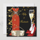 Fantastic Red Dress Black Gold Birthday Party Kaart (Voorkant)