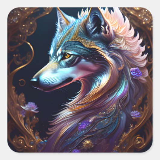 Fantastical Starry Wolf Vierkante Sticker (Voorkant)