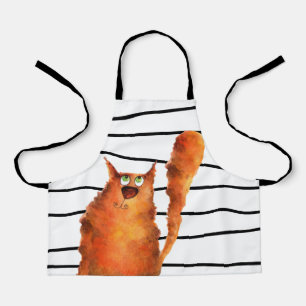 Fantastisch curieus katje op het patroon van strep schort