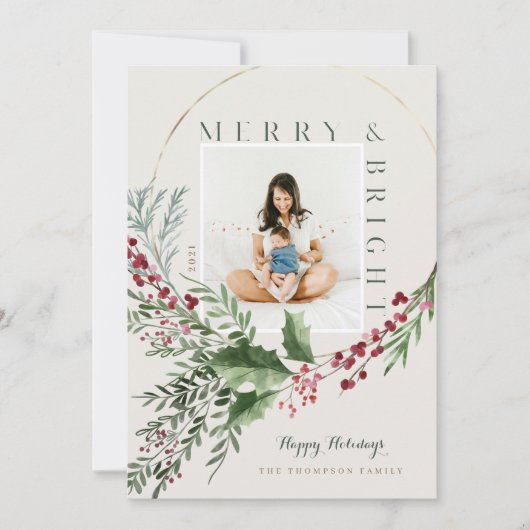 Fantastisch en helder Waterverf Greenery Wreatfoto Feestdagenkaart (Voorkant)