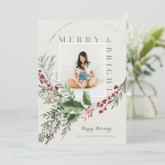 Fantastisch en helder Waterverf Greenery Wreatfoto Feestdagenkaart (Staand voorkant)