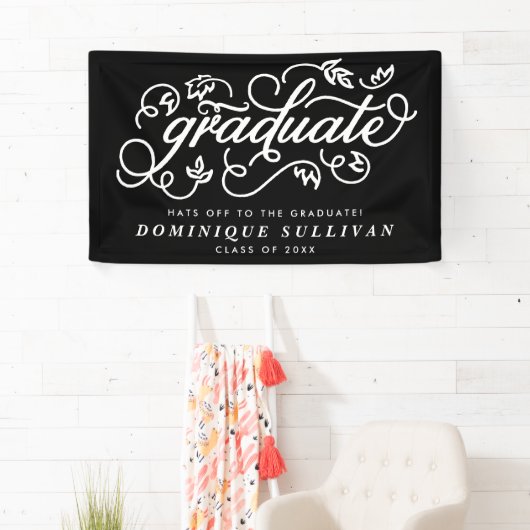 Fantastisch Floral Script zwart-wit Afstuderen Spandoek (Insitu)