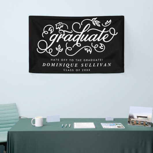 Fantastisch Floral Script zwart-wit Afstuderen Spandoek (Beurs)