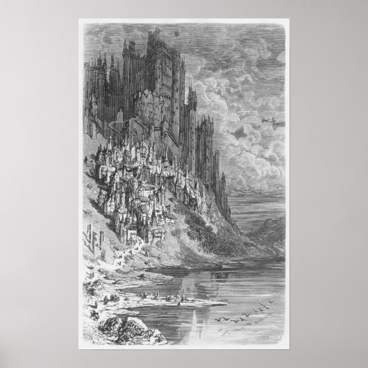 Fantastisch landschap met stad en kasteel poster (Voorkant)