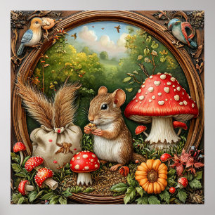 Fantastisch Natuurtafereel Met Muis, Paddenstoelen Poster