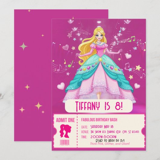 Fantastisch, roze pop verjaardagsfeestje kaart (Voorkant / Achterkant)