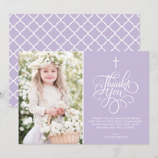 Fantastisch Script Lavender First Heilige Communie Bedankkaart (Voorkant / Achterkant)