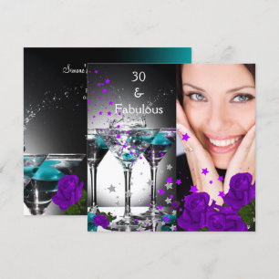 Fantastische 30 Verjaardag Teal Paarse Rozen Foto Kaart