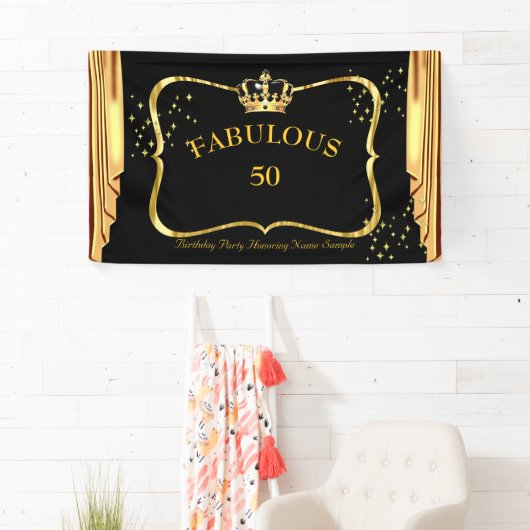 Fantastische 50 Black Gold Crown Drapes Verjaardag Spandoek (Insitu)
