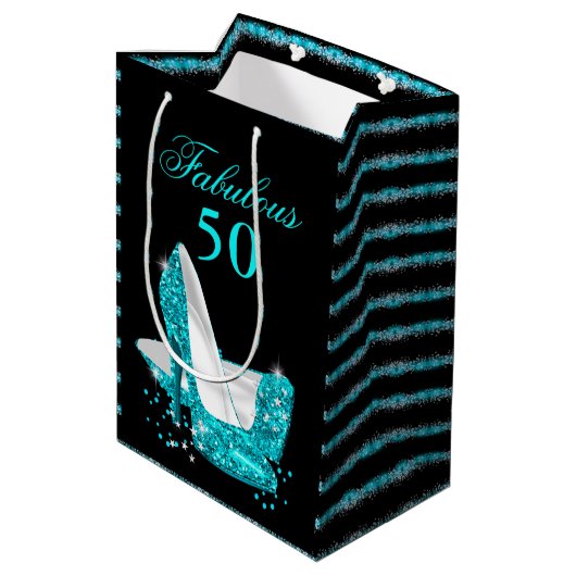Fantastische 50 Blauwgroen Blue Glitter High Heels Medium Cadeauzakje (Achterkant Gekanteld)