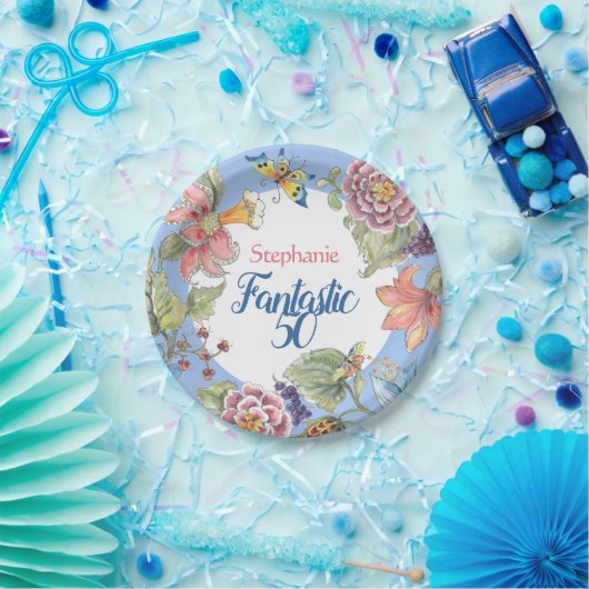 Fantastische 50 bloemenblauwe Waterverf 50ste verj Papieren Bordje (Feest)