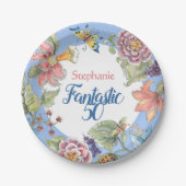 Fantastische 50 bloemenblauwe Waterverf 50ste verj Papieren Bordje (Voorkant)