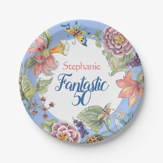 Fantastische 50 bloemenblauwe Waterverf 50ste verj Papieren Bordje (Voorkant)