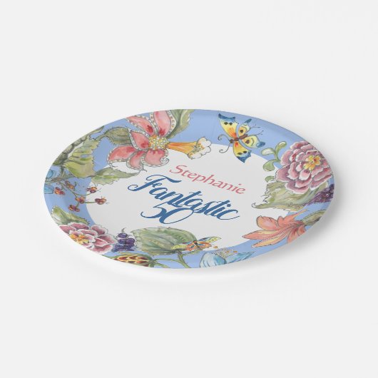 Fantastische 50 bloemenblauwe Waterverf 50ste verj Papieren Bordje (Gekanteld)